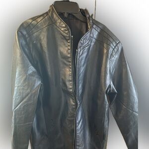 Black Faux Leather Jacket with Fitted Silhouette and Smooth Texture